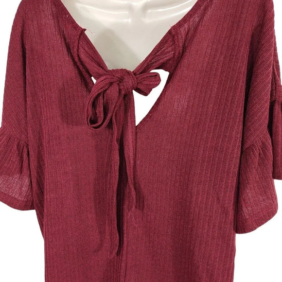 She and Sky Red Ribbed Knit Top Vneck Women Size M Short Flutter Sleeve - Picture 4 of 8